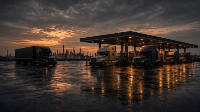 Semi trucks at an unbranded truck-stop fuel canopy at dusk with a refinery skyline behind, illustrating high diesel prices and the Russian diesel deal