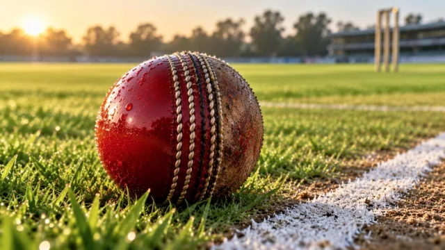 A red cricket ball with a shiny side and a worn side resting on a green pitch beside the crease
