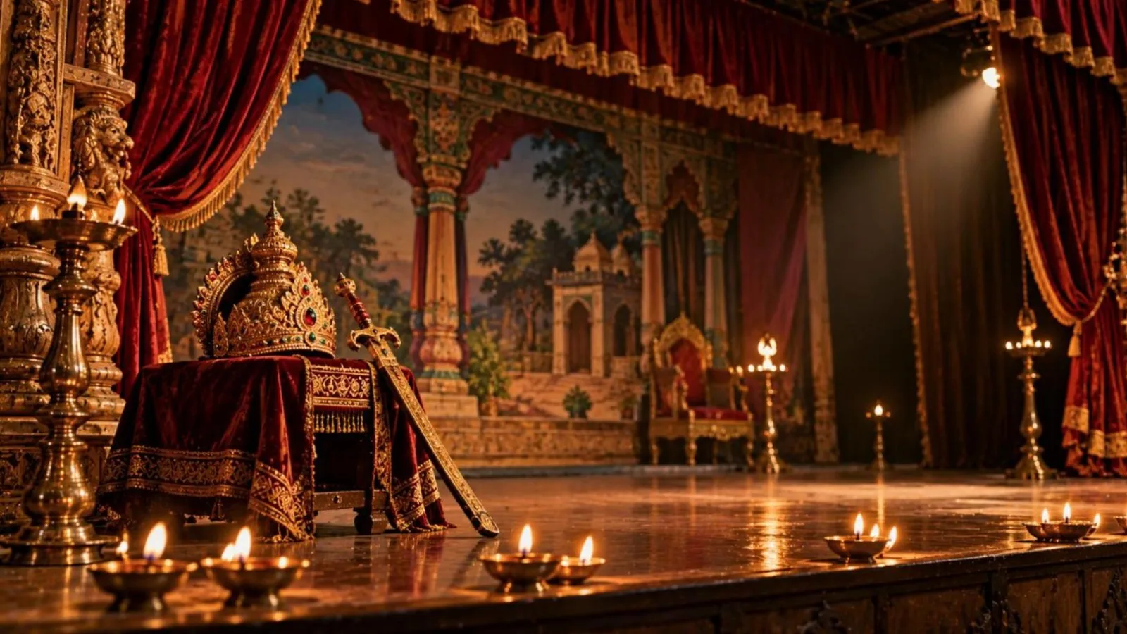 A Tamil drama stage with red curtains, oil lamps and a golden royal crown and sword on a stand