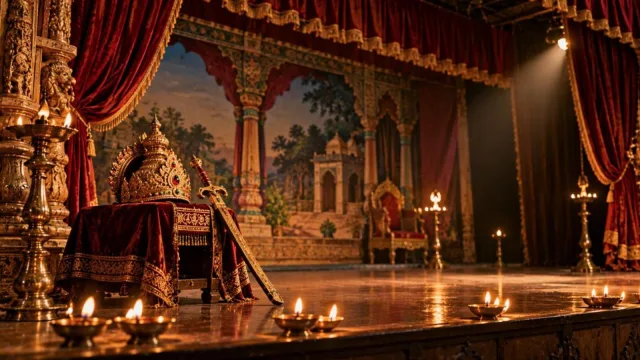 A Tamil drama stage with red curtains, oil lamps and a golden royal crown and sword on a stand