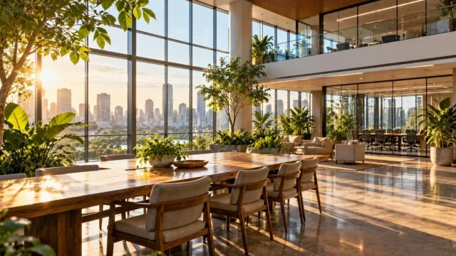 Sunlit modern office atrium with plants and glass walls overlooking a city