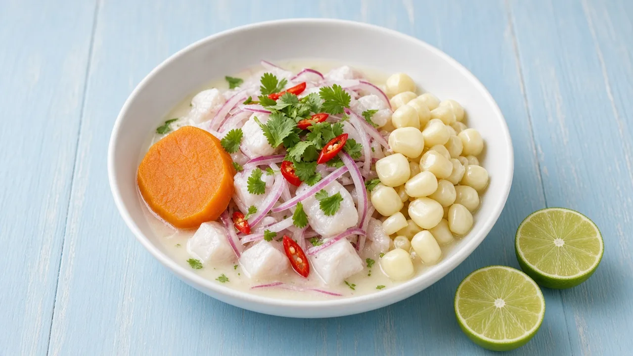 A plate of Peruvian ceviche with cubes of white fish, red onion, coriander, sweet potato and corn