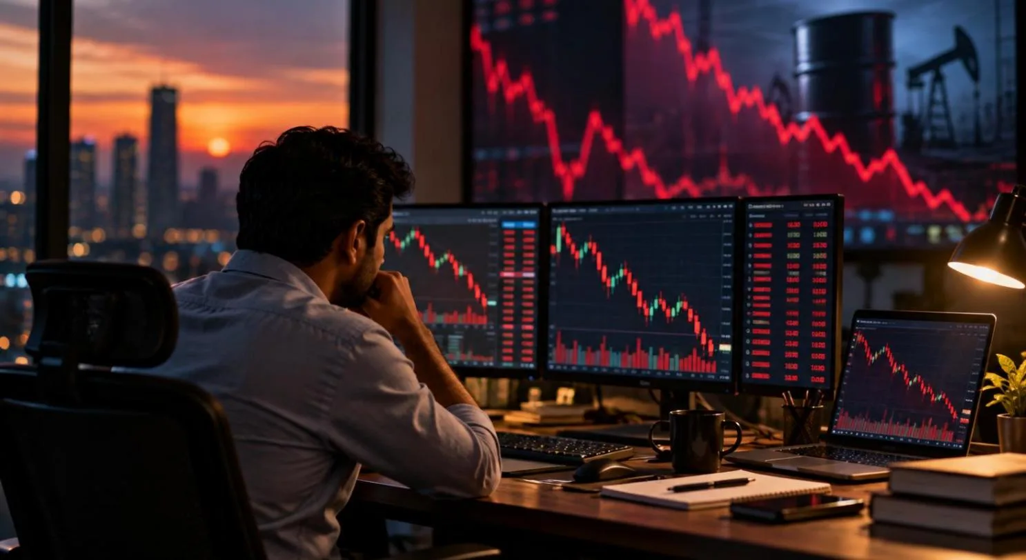 Trading screens showing red falling charts for US tech stocks