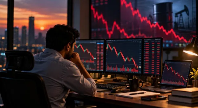 Trading screens showing red falling charts for US tech stocks