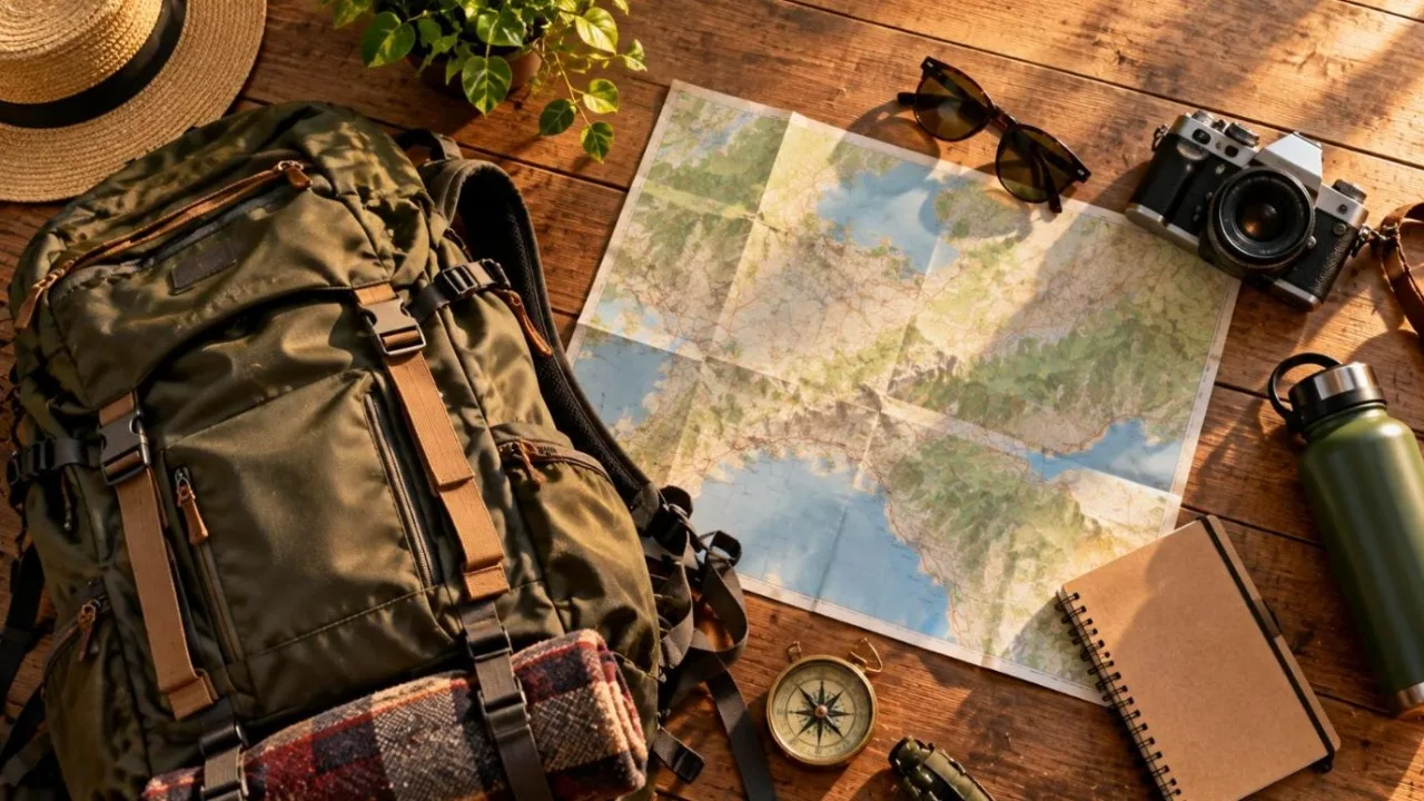 Travel flat-lay with a backpack, map, sunglasses, camera and notebook