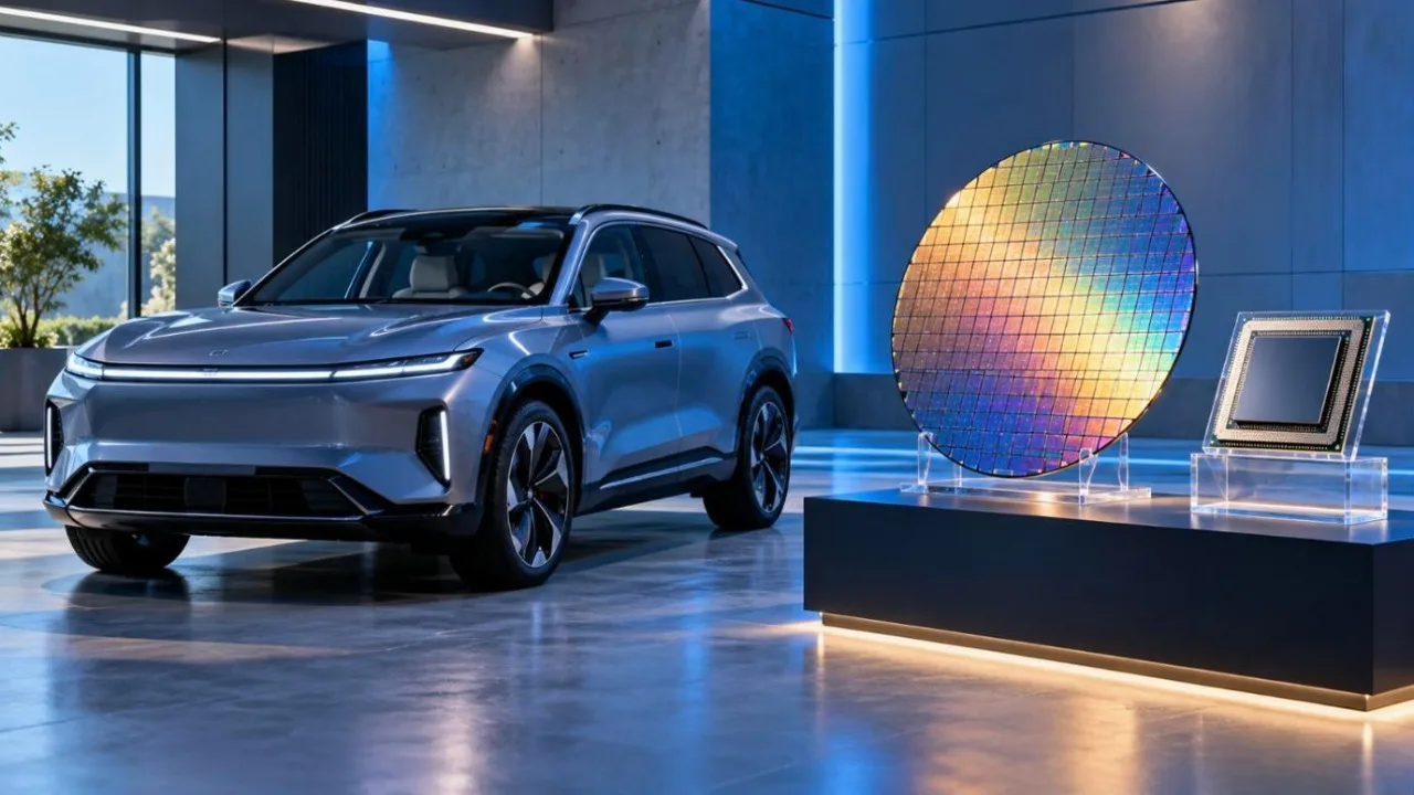 Electric SUV in a design studio beside a silicon wafer and computer chip