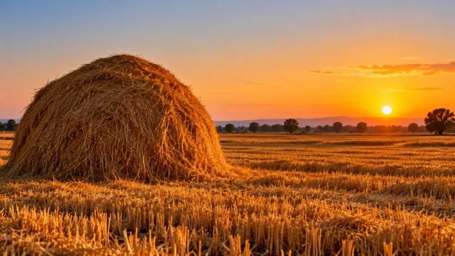 Large haystack in a wide golden farm field at sunset under a clear sky