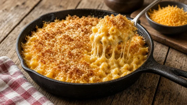 A baking dish of golden baked mac and cheese with a spoonful lifted to show creamy cheese sauce