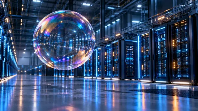 AI data centre hall with rows of glowing server racks and a large soap bubble floating in the foreground