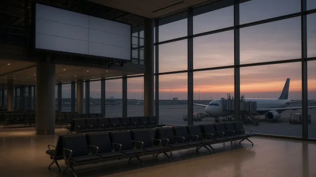 An empty airport departures hall at dusk with a parked airliner, illustrating flight disruption in Saudi Arabia