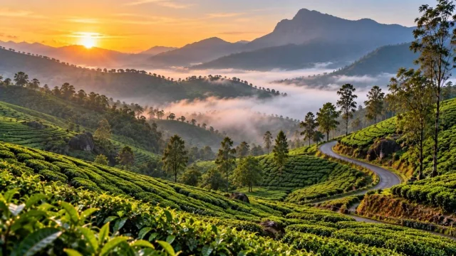 Tea gardens of Munnar with misty mountains at sunrise