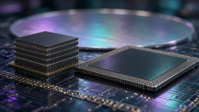 Close-up of a stack of memory chip dies beside a processor with a silicon wafer glowing purple and teal behind