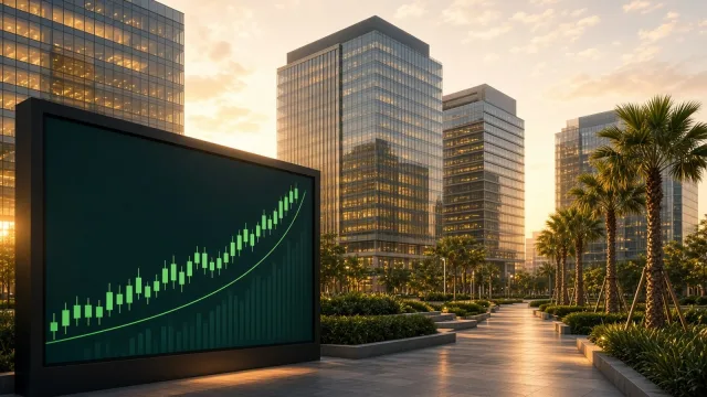 Indian technology park office towers at golden hour with a screen showing rising green charts, illustrating the Nifty IT rally