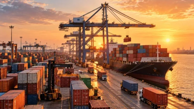 A container port in India at sunrise with stacked shipping containers and a cargo ship being loaded