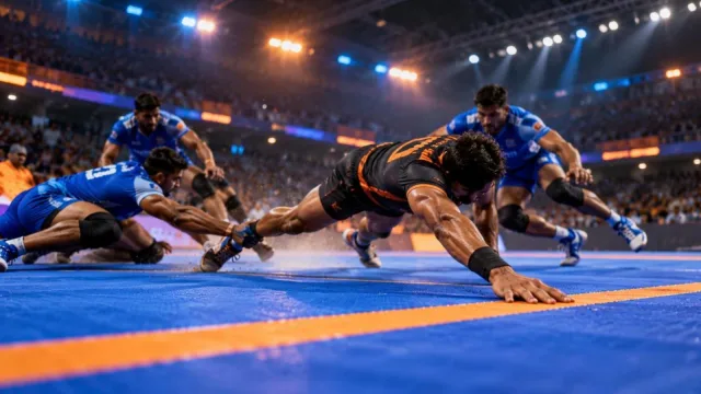 A kabaddi raider stretching to touch the line as defenders dive to tackle on a blue mat