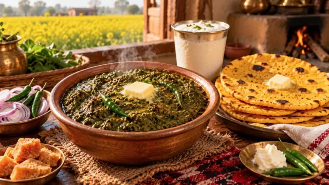Sarson da saag topped with white butter, makki di roti, lassi and onions in a rustic Punjabi kitchen
