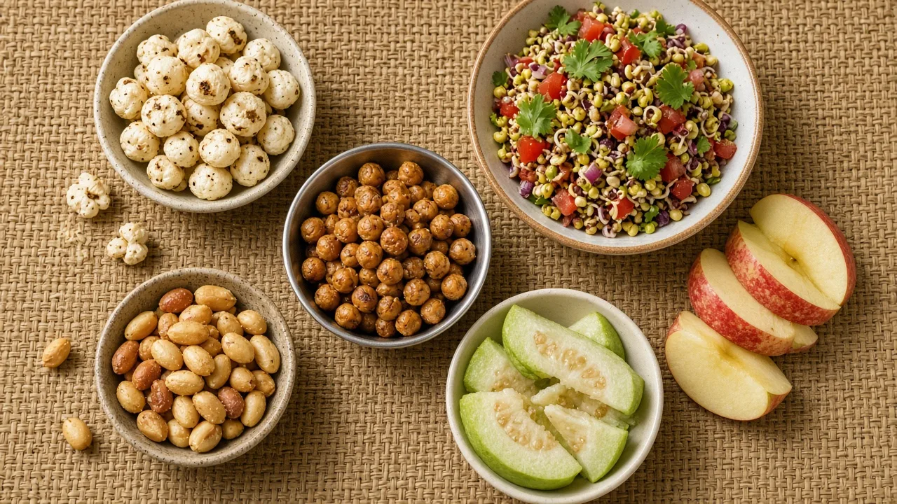 Overhead editorial photo of small bowls of roasted makhana, sprouts chaat, roasted chana and sliced fruit on a woven mat