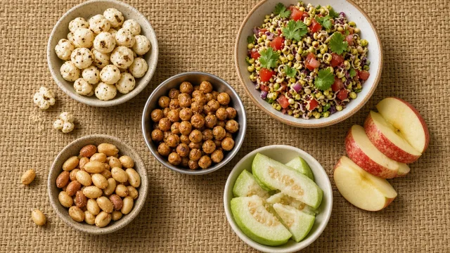 Overhead editorial photo of small bowls of roasted makhana, sprouts chaat, roasted chana and sliced fruit on a woven mat