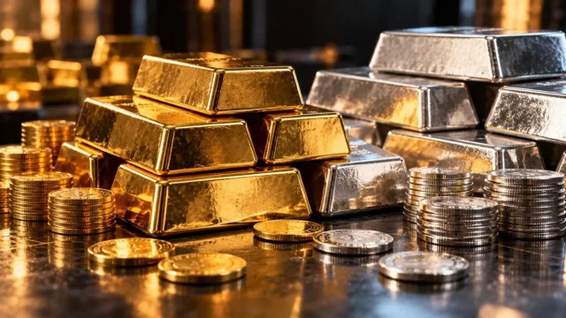 Stacks of gold and silver bars and coins on a dark reflective surface