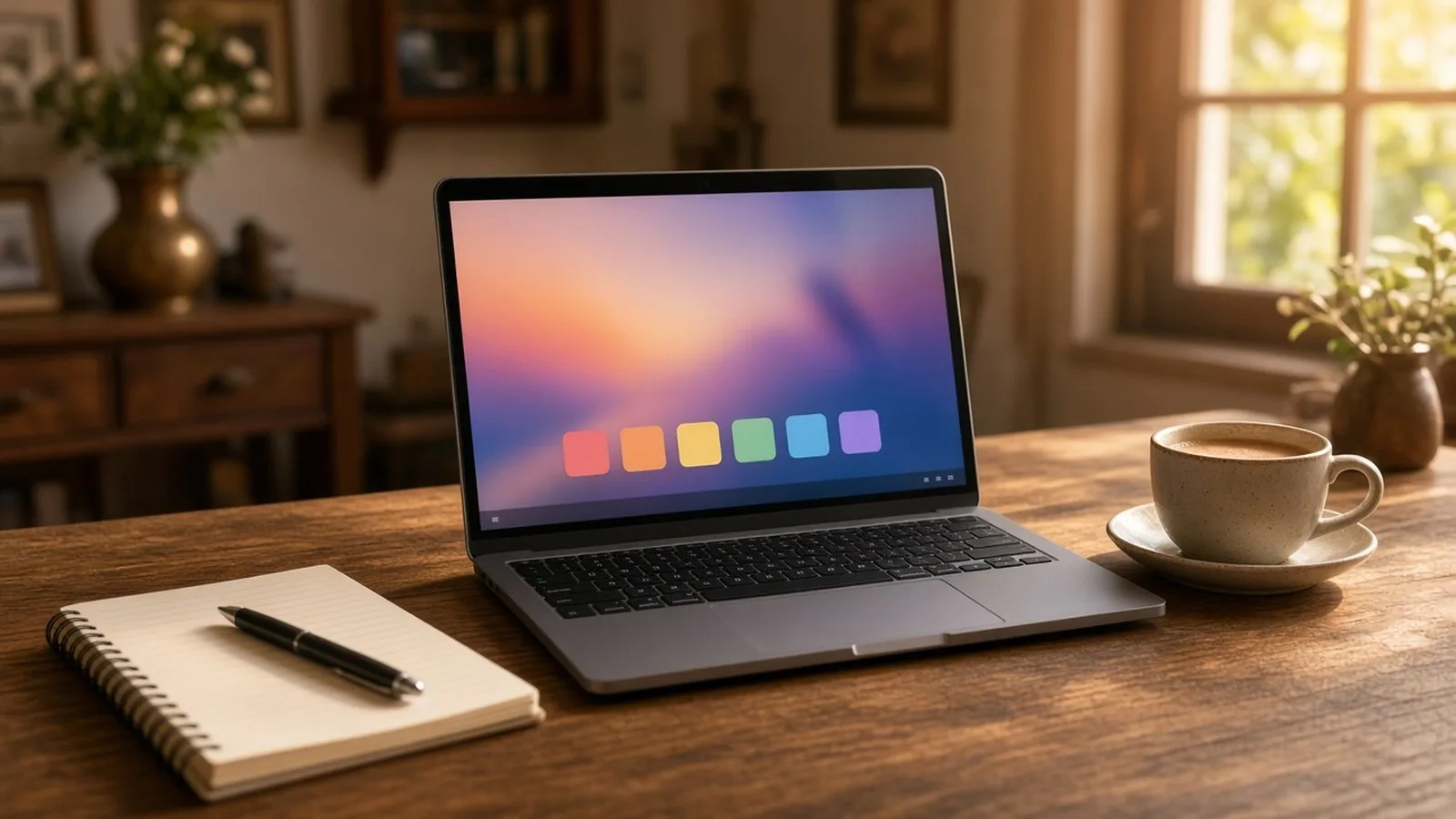 Laptop on a wooden study desk showing a colourful desktop screen, with a notebook and a cup of chai