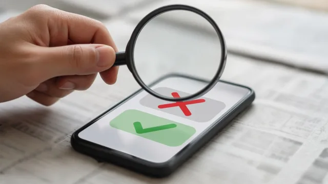 Hand holding a magnifying glass over a phone showing a red cross and a green tick, newspapers behind