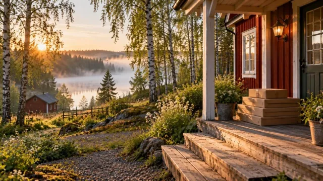 Red wooden farmhouse in southern Swedish forest at dawn with flat cardboard boxes on the porch