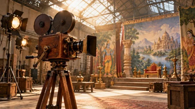 An antique hand-cranked wooden film camera in an early Indian film studio with painted backdrops