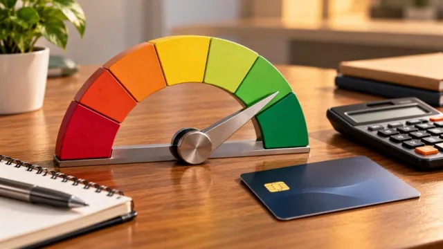 A curved credit score gauge with a needle pointing to green beside a credit card and calculator