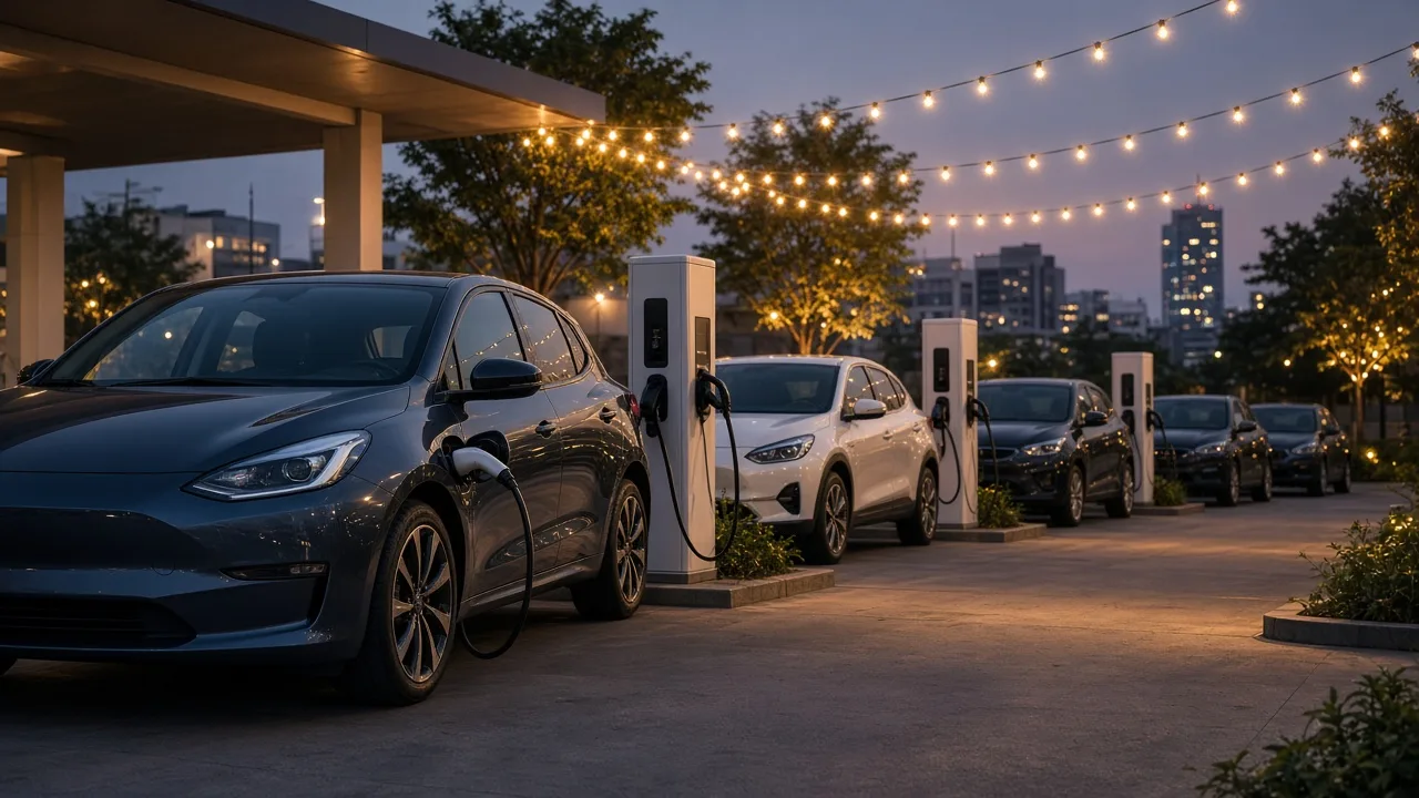 Electric cars charging at an urban charging station at dusk with festive lights in the background