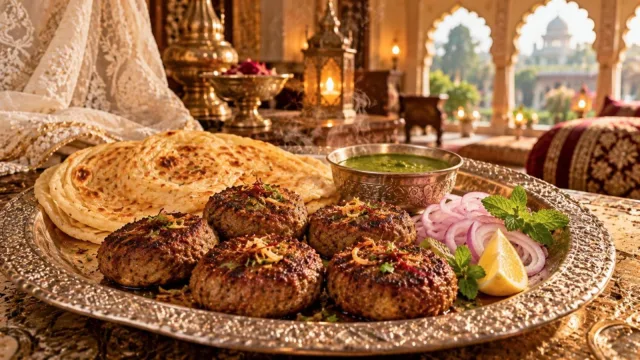 Soft galouti kebabs with onion rings, mint chutney and sheermal on a silver platter