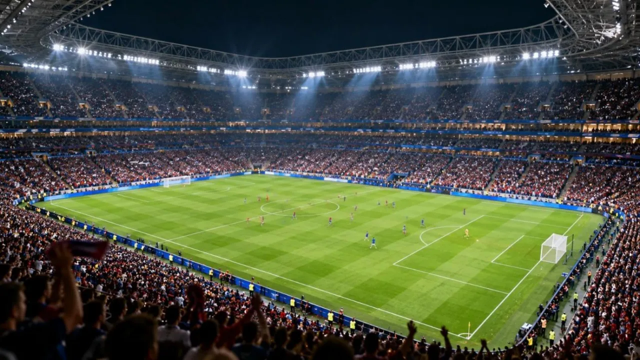 A packed floodlit football stadium at night seen from high in the stands