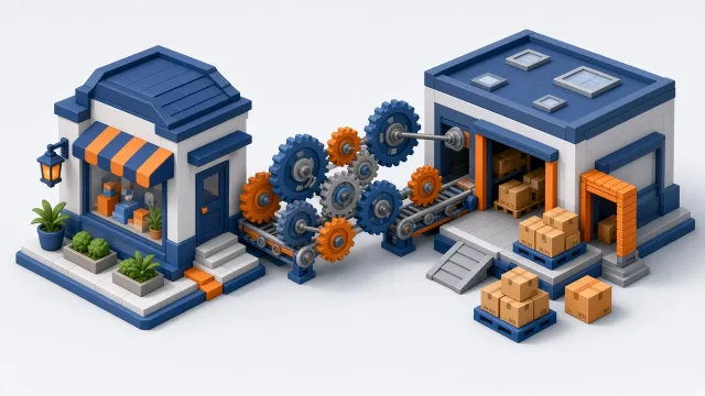 Editorial illustration of interlocking gears connecting a small shop to a warehouse