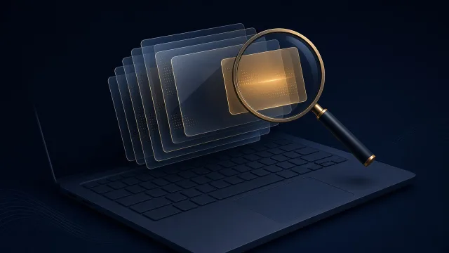 Editorial illustration of neatly stacked translucent log cards with a magnifying glass highlighting one entry