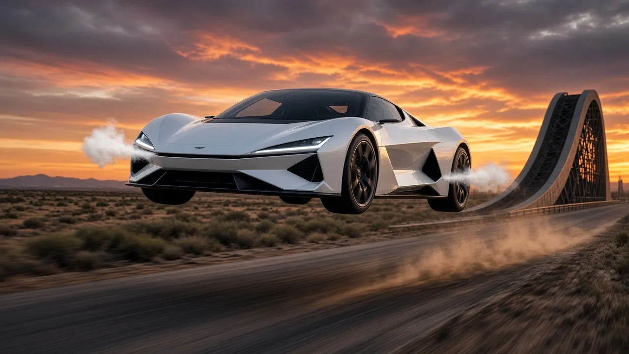 An angular white electric hypercar hovering above a desert test track with gas jets, illustrating Tesla's next-generation Roadster reveal