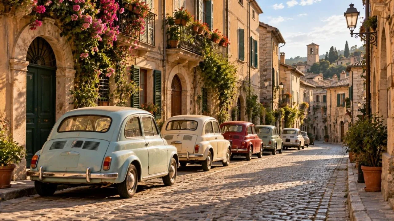 1960s European cobblestone street with small rounded vintage cars