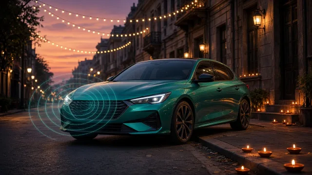 A teal premium hatchback on a festive city street at dusk, representing the 2026 Toyota Glanza facelift