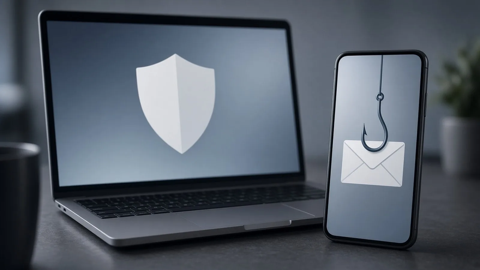 Phone showing a fishing hook over an envelope beside a laptop showing a shield