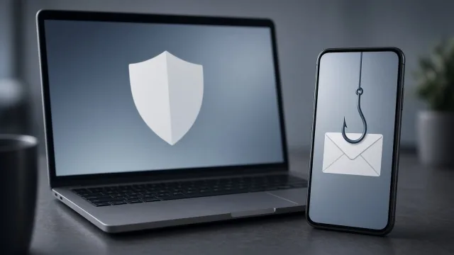 Phone showing a fishing hook over an envelope beside a laptop showing a shield