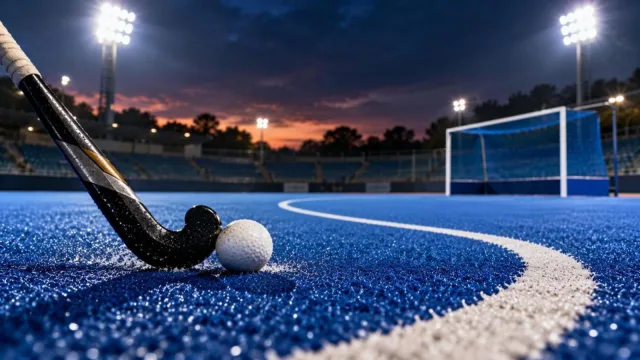 A field hockey stick and ball on blue turf near the shooting circle with the goal behind