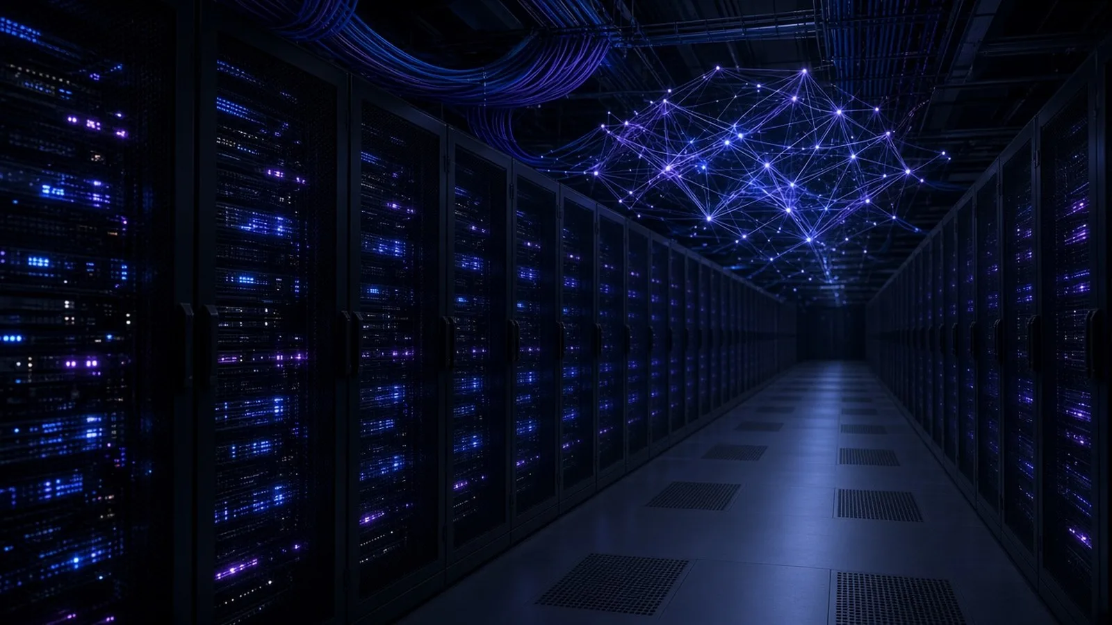 A dark data centre aisle lined with server racks glowing blue and violet, with an abstract network of light points overhead.