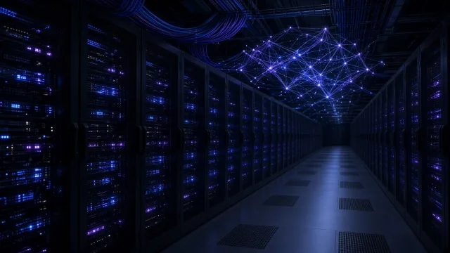 A dark data centre aisle lined with server racks glowing blue and violet, with an abstract network of light points overhead.