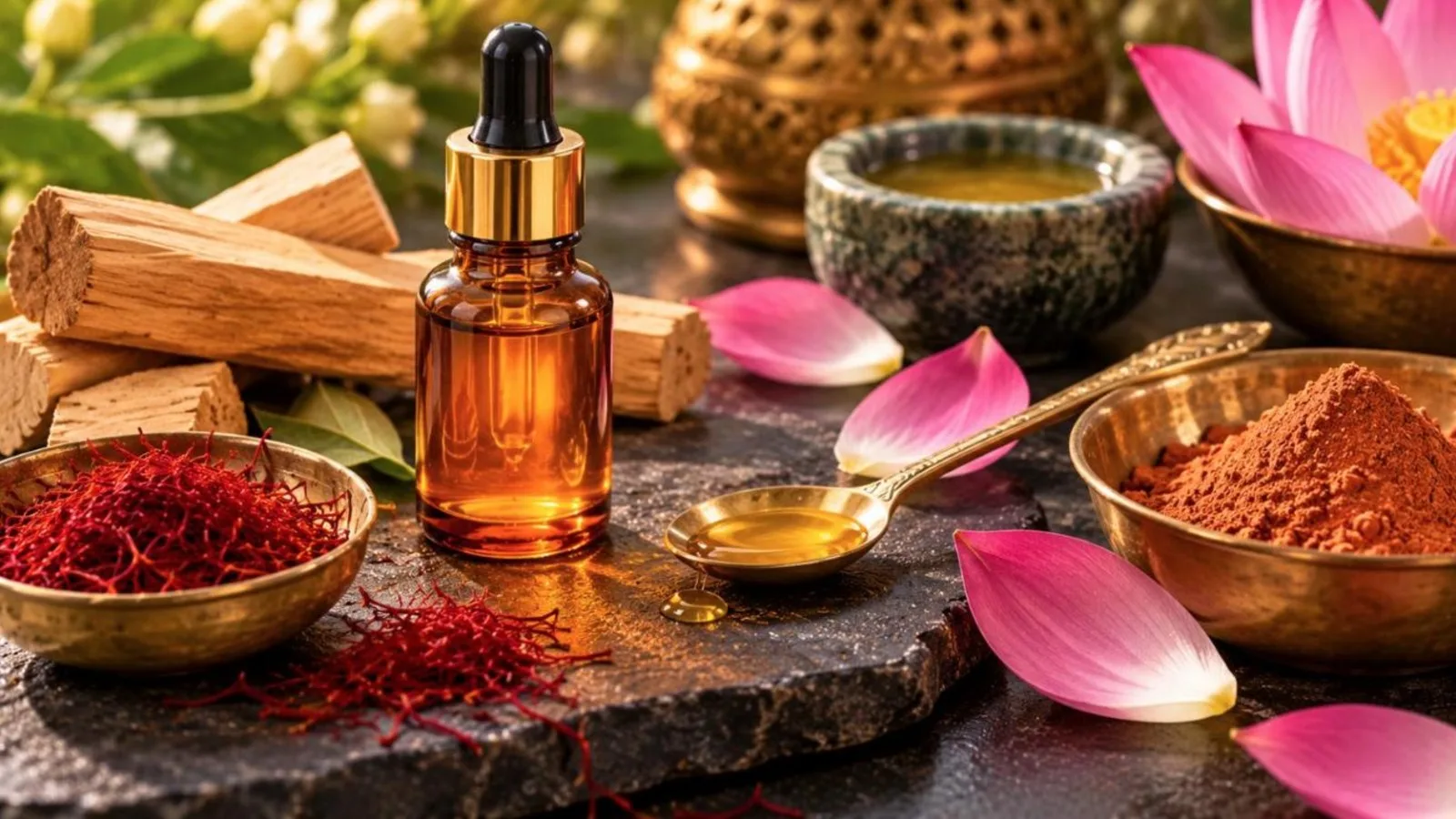 Amber glass dropper bottle of kumkumadi oil with saffron threads, sandalwood and lotus petals