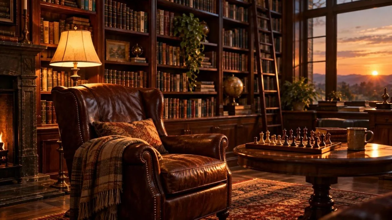 Cozy library study with tall bookshelves, a leather armchair and a chessboard in warm evening light