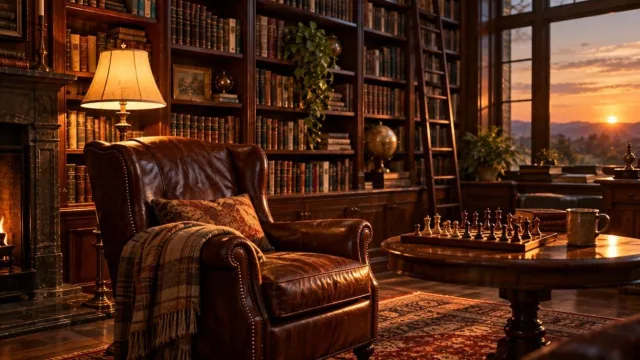 Cozy library study with tall bookshelves, a leather armchair and a chessboard in warm evening light