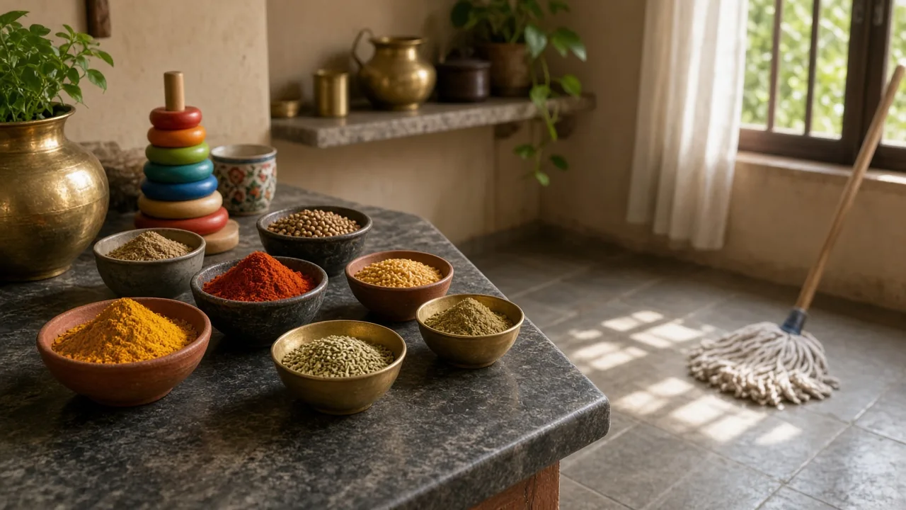 Bowls of spices and a child's toy on a sunlit kitchen counter, illustrating household sources of lead exposure