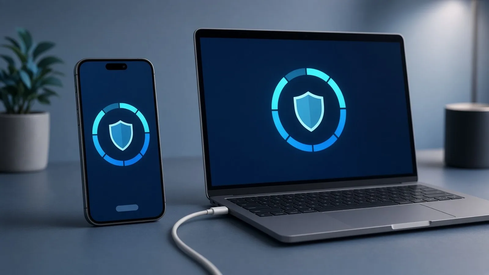 Smartphone and laptop on a desk, both showing an update progress ring and shield symbol