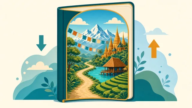 Open passport shaped like a doorway leading to mountains, islands and temples, representing visa-free options for Indians