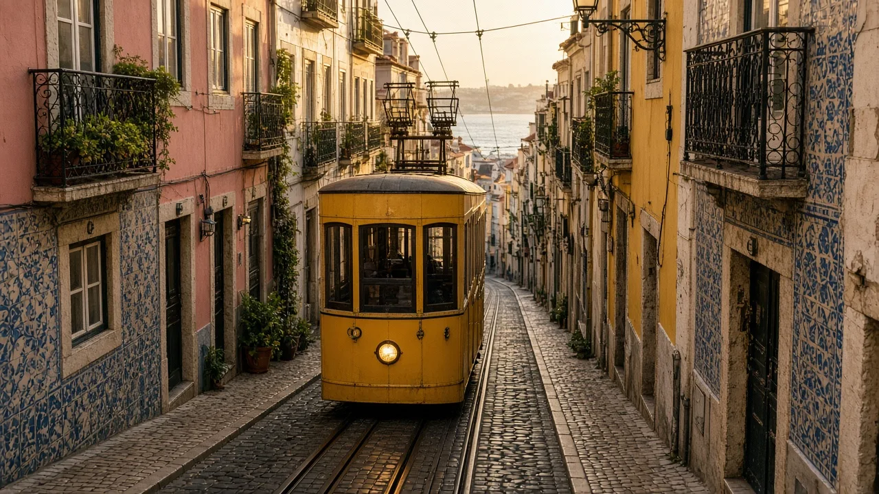 A yellow tram climbing a steep street lined with tiled houses in Lisbon's Alfama district