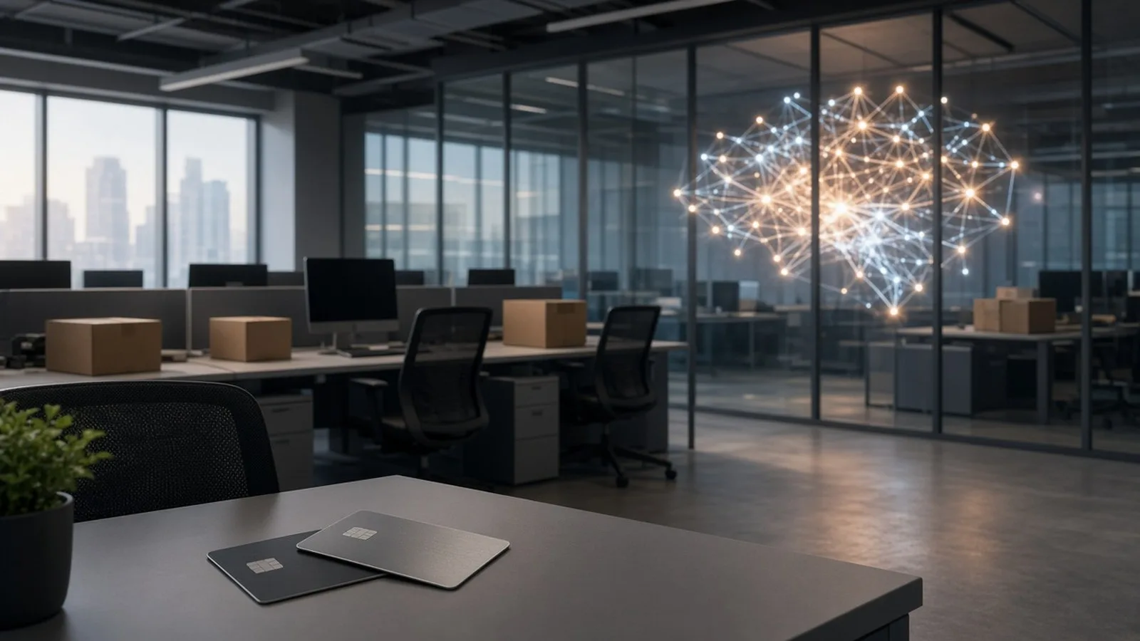 An empty open-plan office at dawn with cardboard boxes on desks, a glowing neural-network pattern on a glass wall and two blank metal cards on a desk
