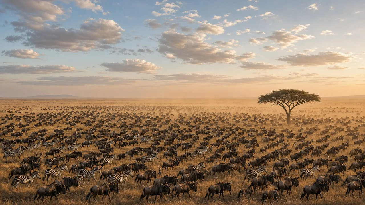 Herds of wildebeest and zebras crossing the Serengeti plains beside an acacia tree